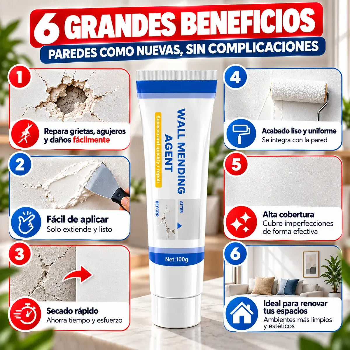 X2 Pasta Reparadora para Pared | Cubre Agujeros y Grietas Fácilmente