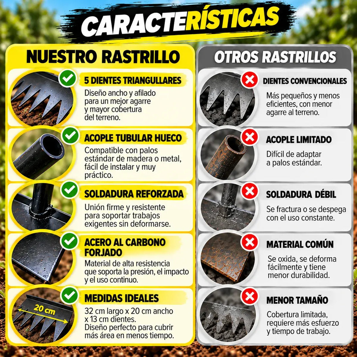 Rastrillo Deshierbador de Acero | Quita Maleza en Huertos y Jardines