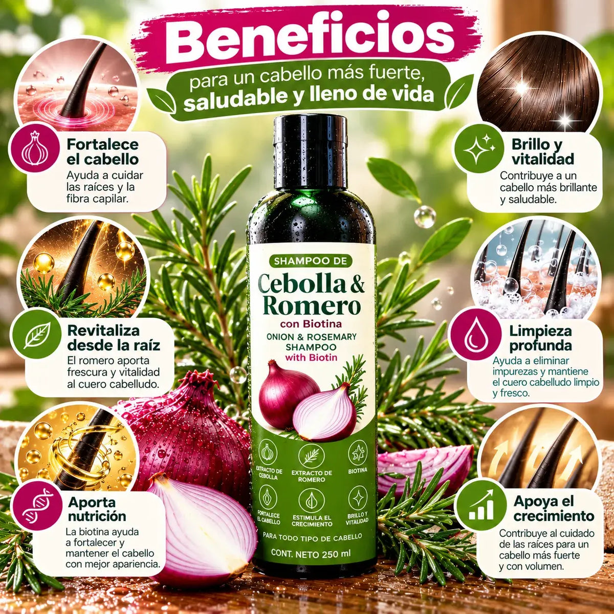 Shampoo de Cebolla, Romero y Biotina | Fortalece el Cabello Débil