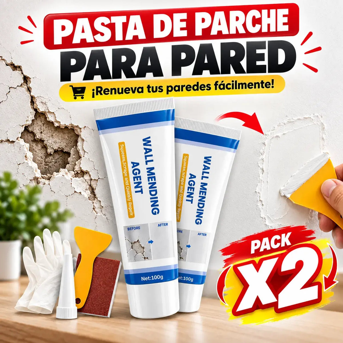 X2 Pasta Reparadora para Pared | Cubre Agujeros y Grietas Fácilmente