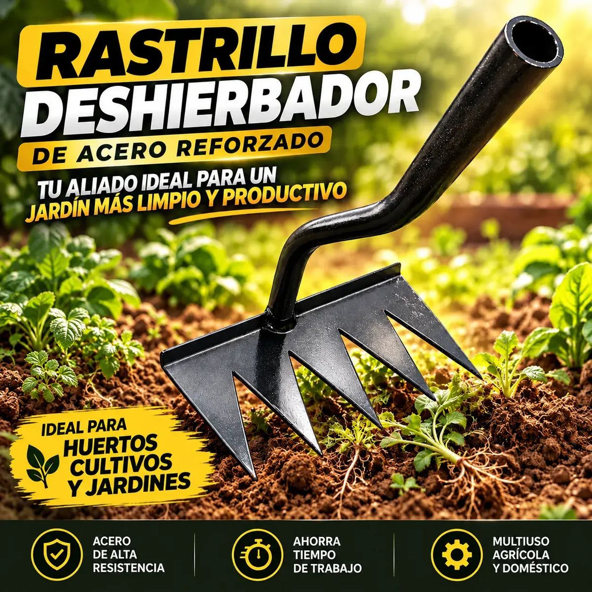 Rastrillo Deshierbador de Acero | Quita Maleza en Huertos y Jardines